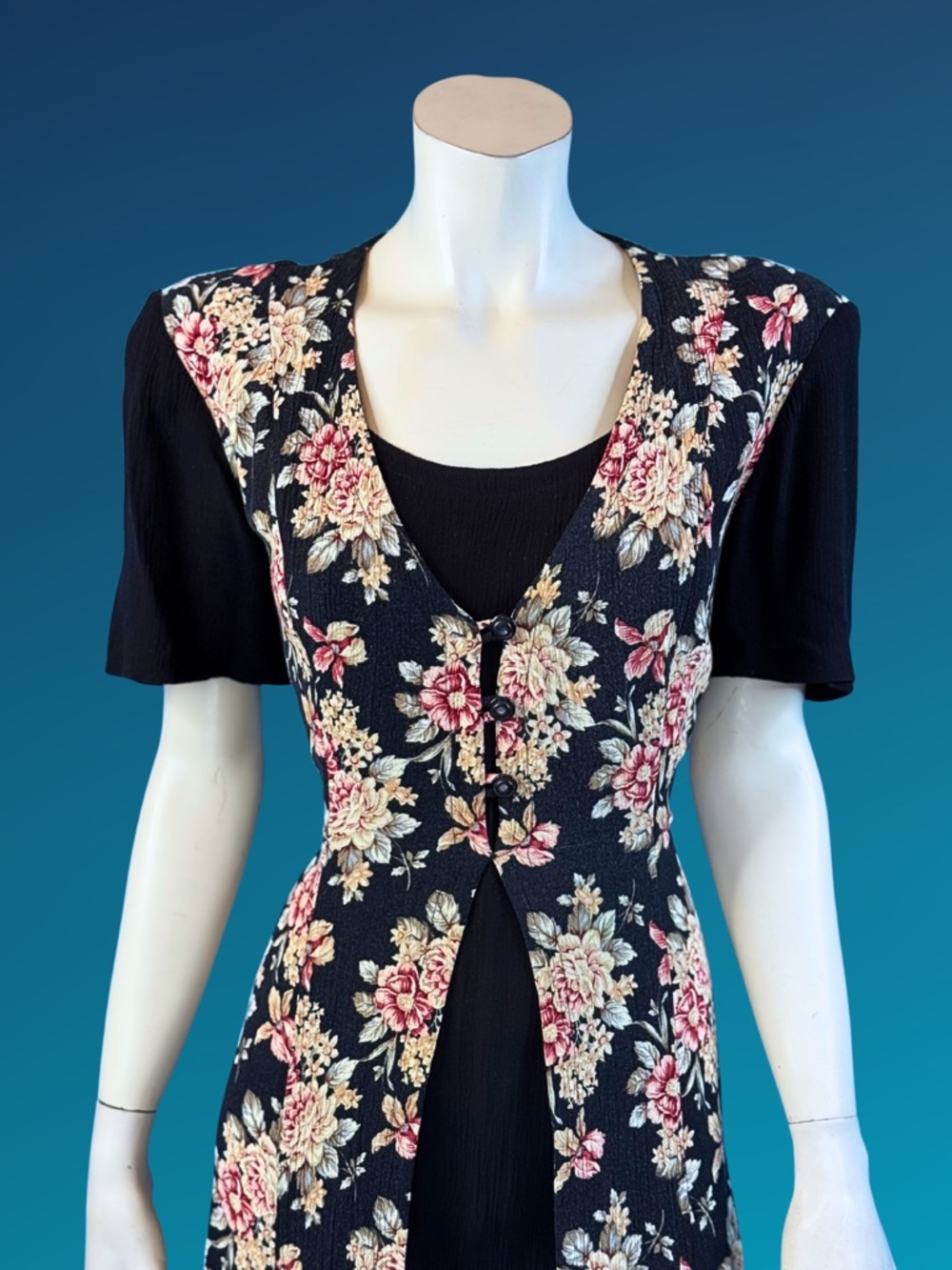 90s Dark Floral Cottagecore Rayon Button front Grannycore Grunge Dress / M L - Picture 6 of 10